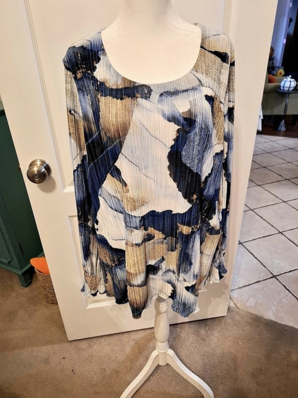 Chico's Abstract Pleated Tunic in Blue & Beige Size XXL